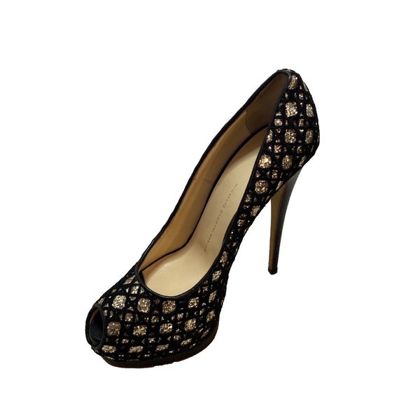 Giuseppe Zanotti Shoes - Giuseppe Zanotti Black and Gold Leather Peep Toe Platform Pumps Size 40.5